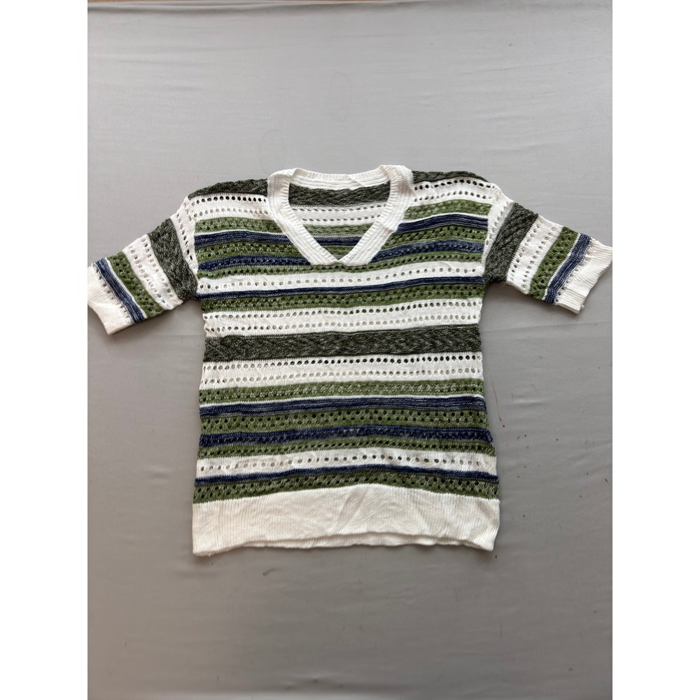 Striped Pointelle Knit V-Neck Short Sleeve Sweater Top Green Blue White S